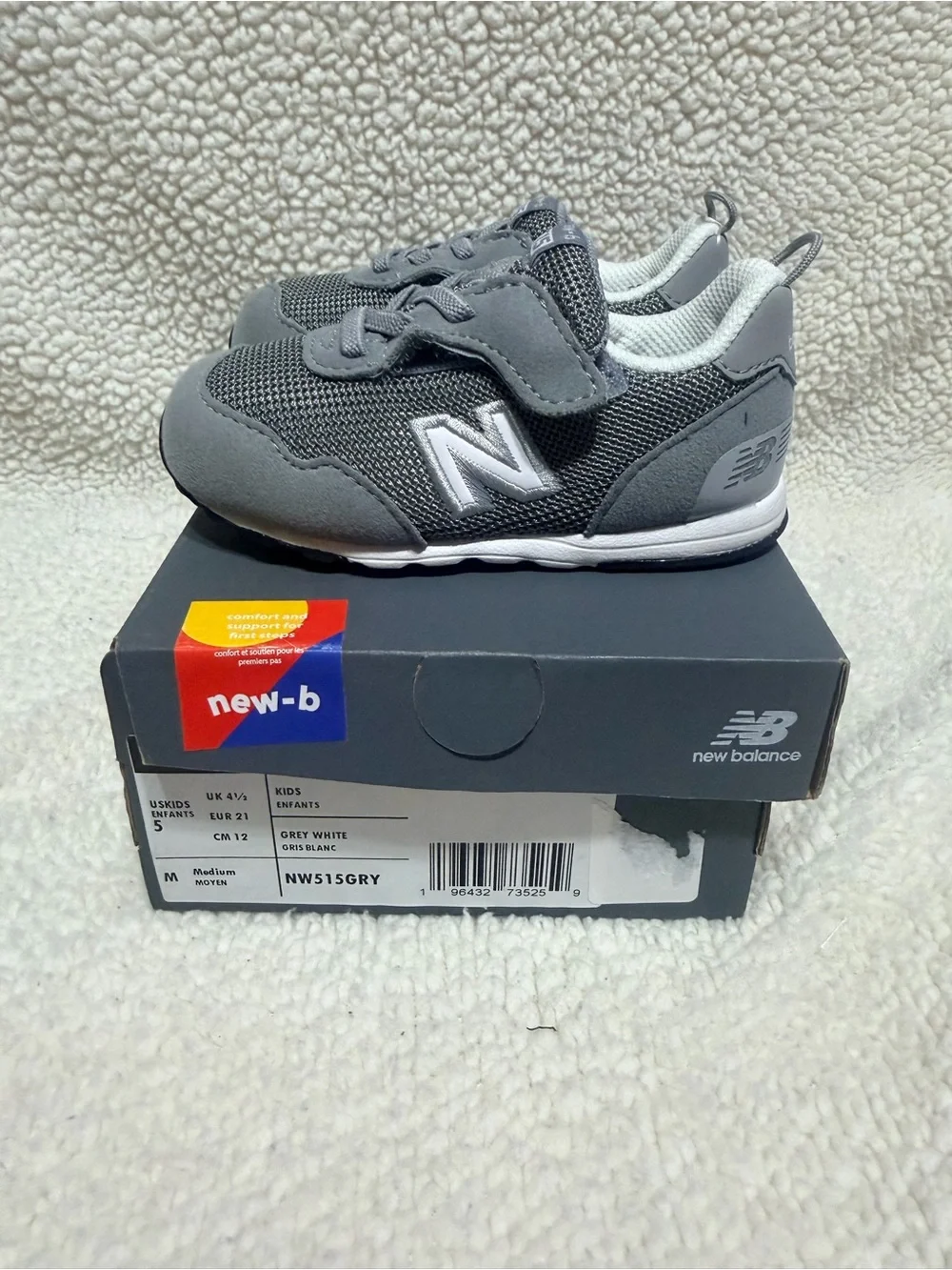 New Balance 515 Hook And Loop Toddler Grey Velcro Mesh & Suède Sneakers